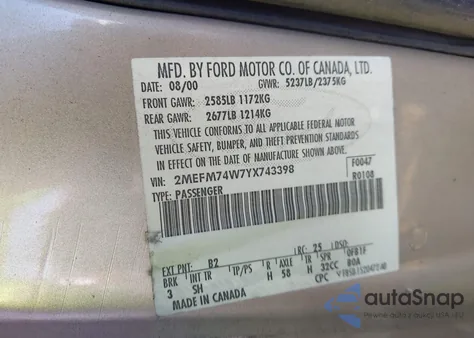 2000 Mercury Grand Marquis Gs from USA, damaged, VIN 2MEFM74W7YX743398